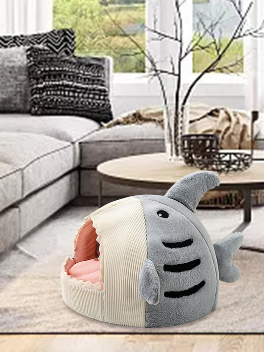 Cat Beds Cute Cat Bed Pet House Dog Bed with Removable Cushioned Pillow Shark Shaped Soft Plush Pet House Cats Dogs
